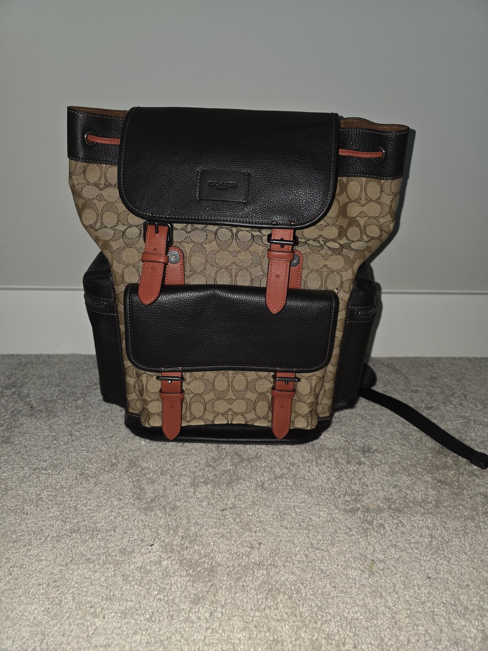 Coach Men's Signature Canvas Backpack in Khaki, Black & Rust